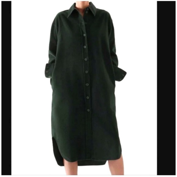 New COS Forest Green Corduroy Button Front Shirt Dress Size 4‎ Oversized - Picture 1 of 7